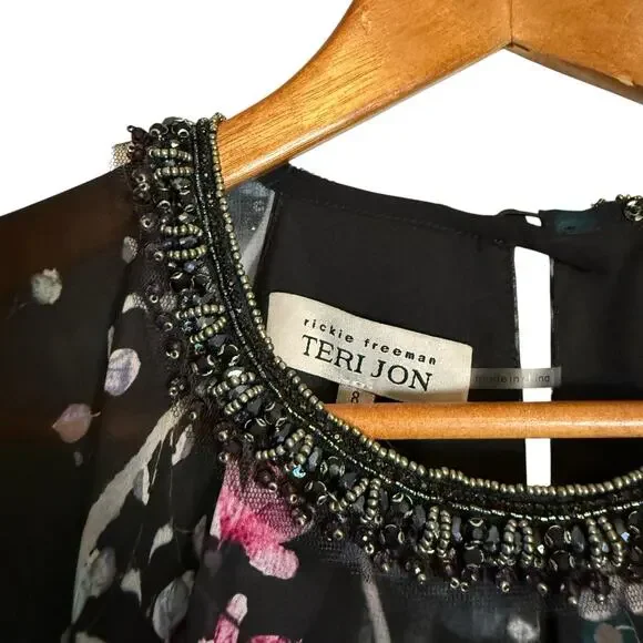 Teri Jon Rickie Freeman Chiffon Capelet Black Floral Cocktail Midi Dress 8